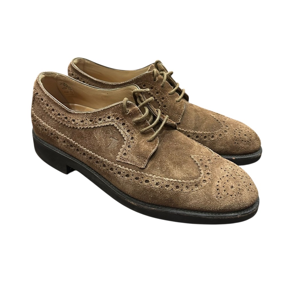 Tod's Mens Brown Suede Leather Wingtip Oxford Dress‎ Shoes Size 7 Made Italy